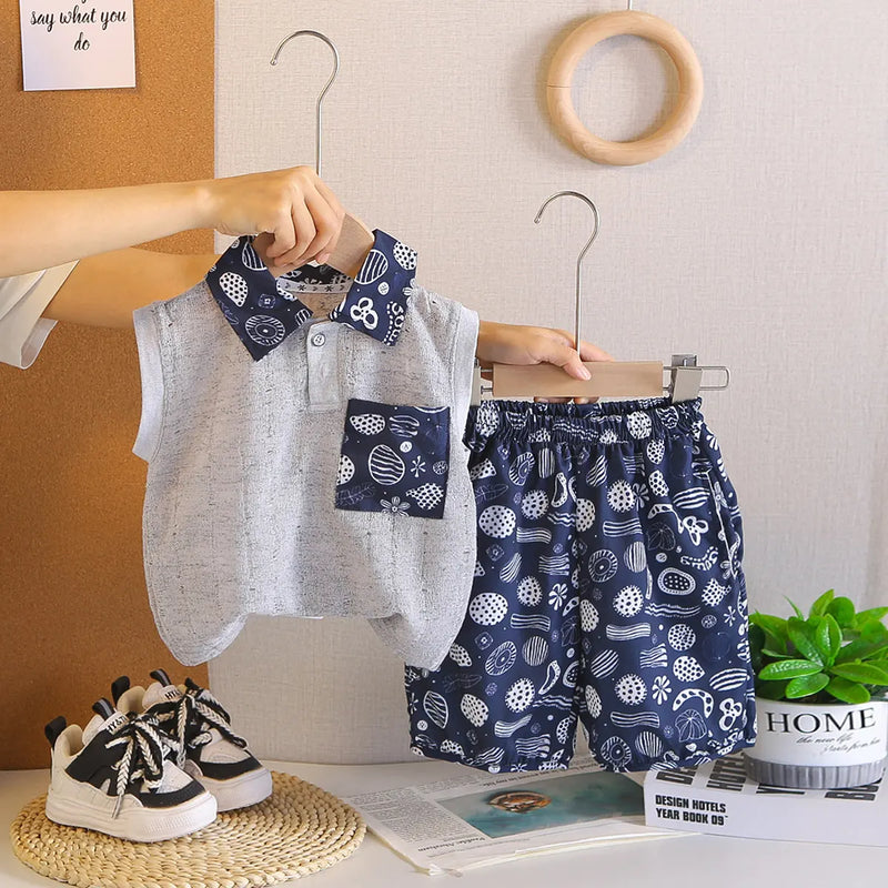 Boys Grey Textured Sleeveless Polo T-Shirt With Printed Shorts Sets Sets Grey 1-2 Y