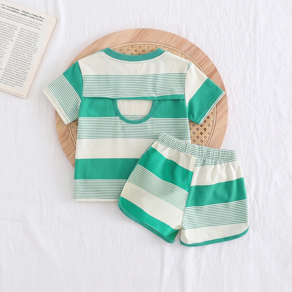 Girls Green Striped Short Sleeve T-Shirt With Shorts Sets 2 pc. Sets