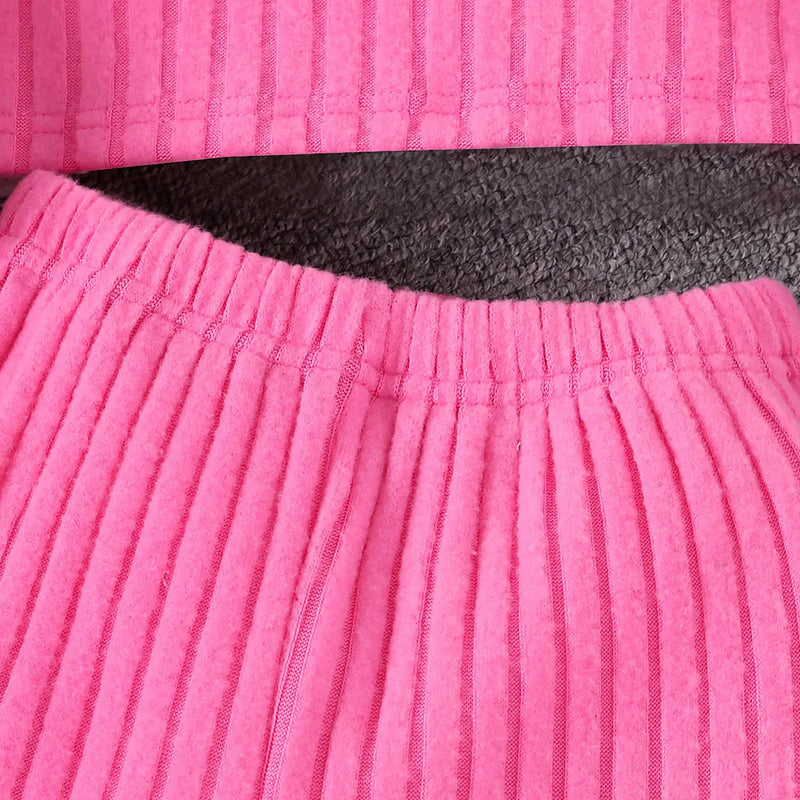 Girls Pink Checked Shacket With T-Shirt & Flared Pants Sets Sets
