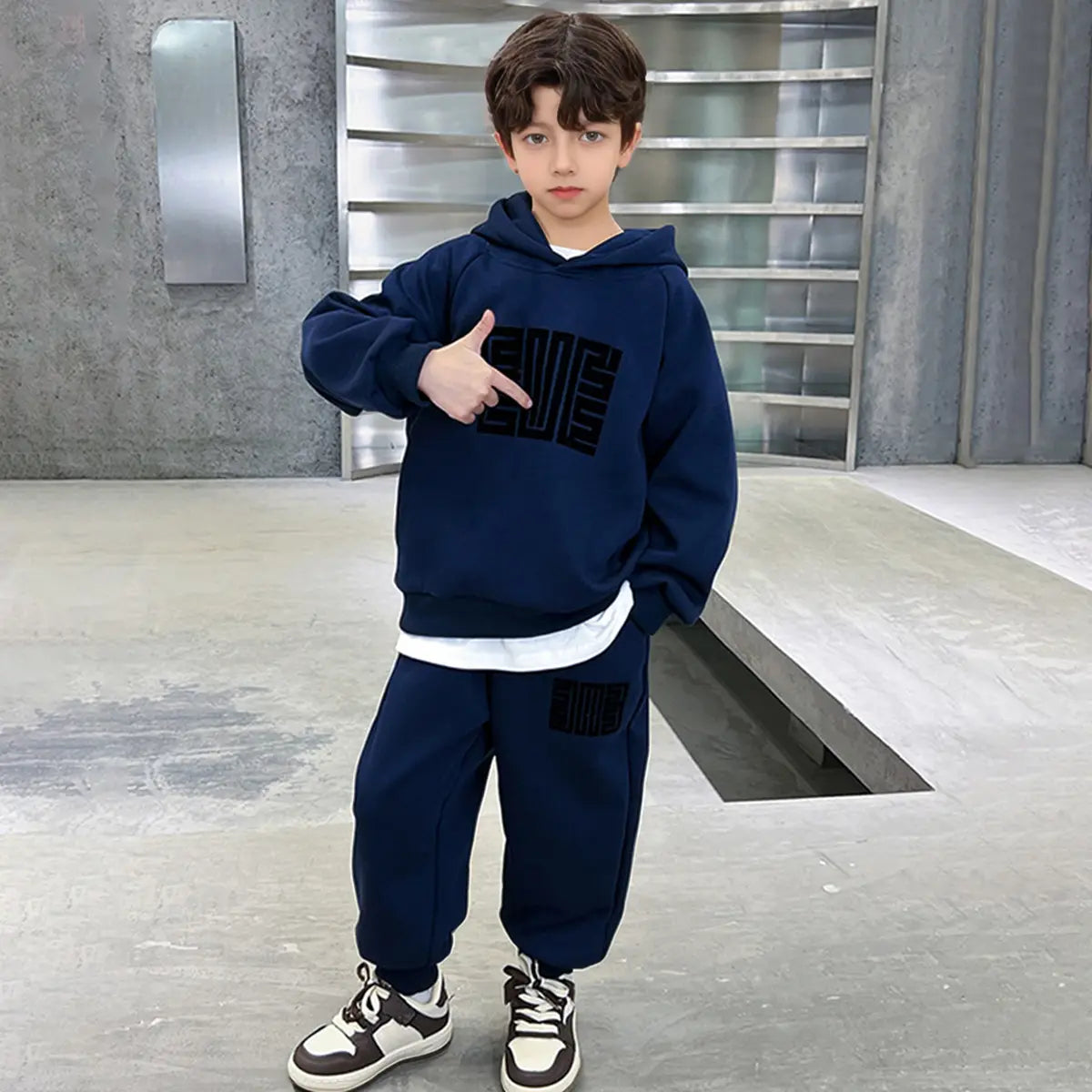 Boys Blue Abstract Printed Hooded Oversized Sweatshirt With Jogger Sets Sets Blue 5-6 Y