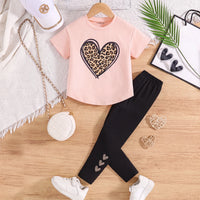 Girls Pink Short Sleeve Heart Print T-Shirt With Pants Sets 2 pc. Sets Pink 3-4 Y
