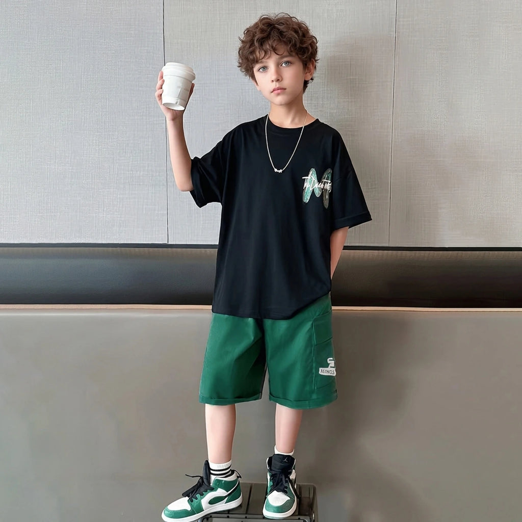Boys Black Graphic Print Short Sleeve T-Shirt With Elasticated Shorts Sets 2 pc. Sets Black 5-6 Y