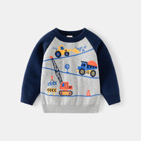 Boys Grey Regular Sweater With Self-Design Crane Patterns Sweaters & Cardigans