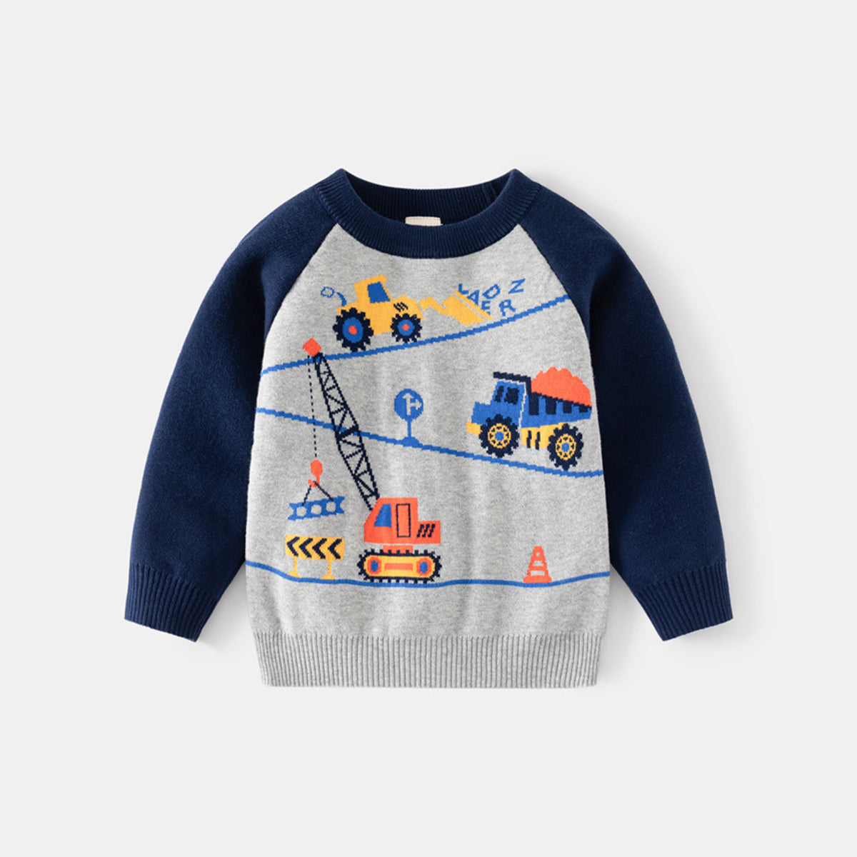 Boys Grey Regular Sweater With Self-Design Crane Patterns Sweaters & Cardigans