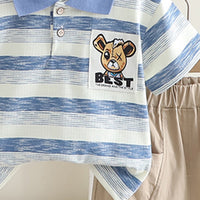 Boys Blue Striped Polo T-shirt with Khaki Shorts Set Sets