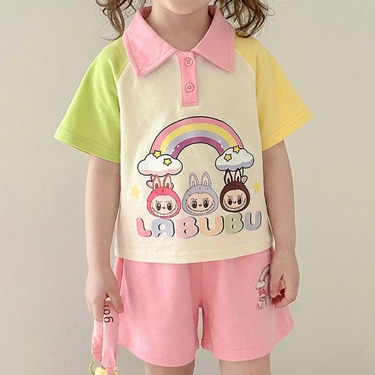 Girls Pink Rainbow Graphics T-Shirt With Elasticated Shorts Sets Sets