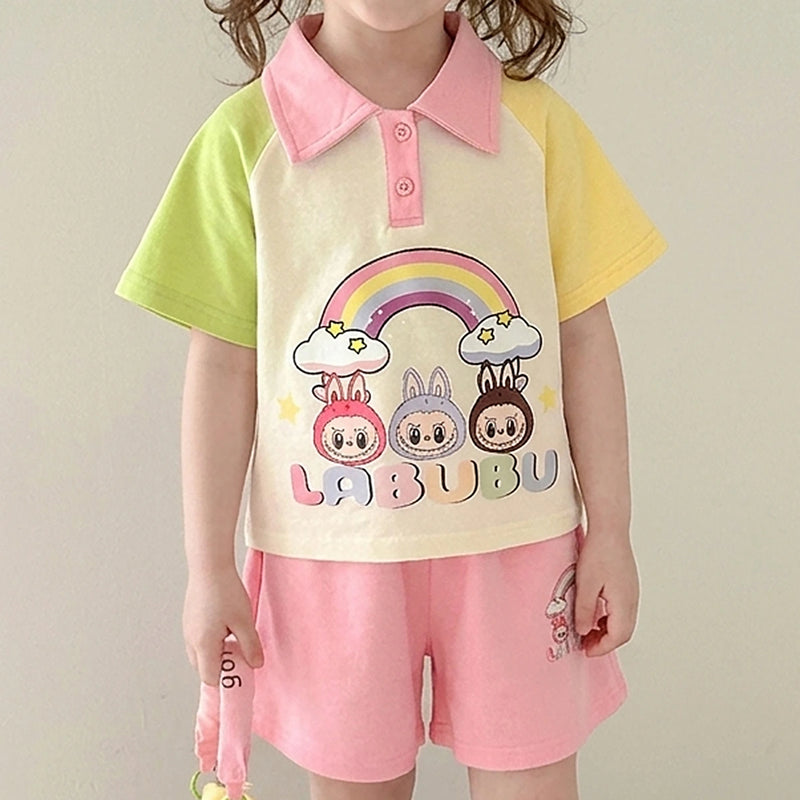 Girls Pink Rainbow Graphics T-Shirt With Elasticated Shorts Sets Sets