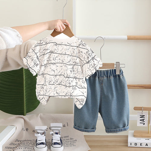Boys Off White Cap Graphic Short Sleeves T-Shirt With Denim Shorts Set 2 pc. Sets