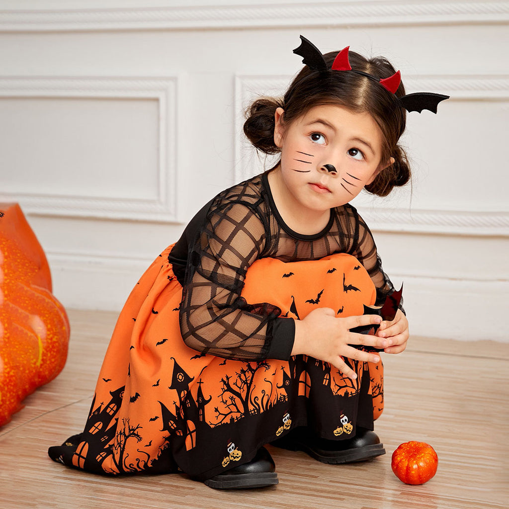 Girls Orange-Black Full Sleeves Halloween Costume Dress – INCLUD