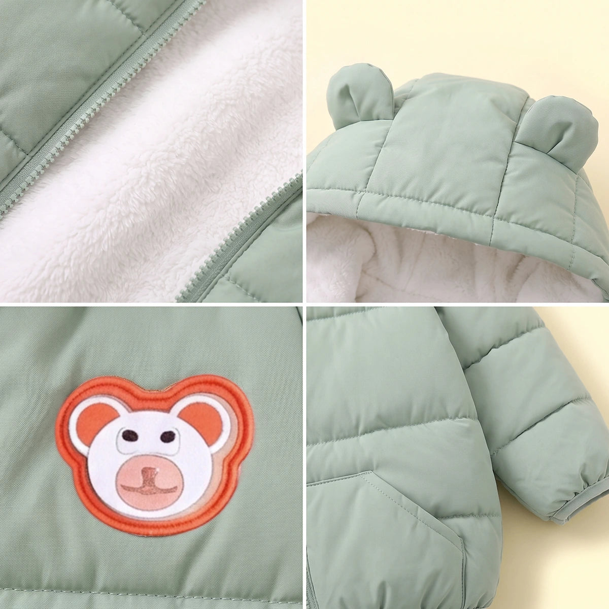 Boys Sage Green Bear Ear On Hood Quilted Zip-up Jacket Coats & Jackets