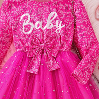 Girls Fuchsia Typography Print Round Neck Fit & Flare Dress Casual Dresses