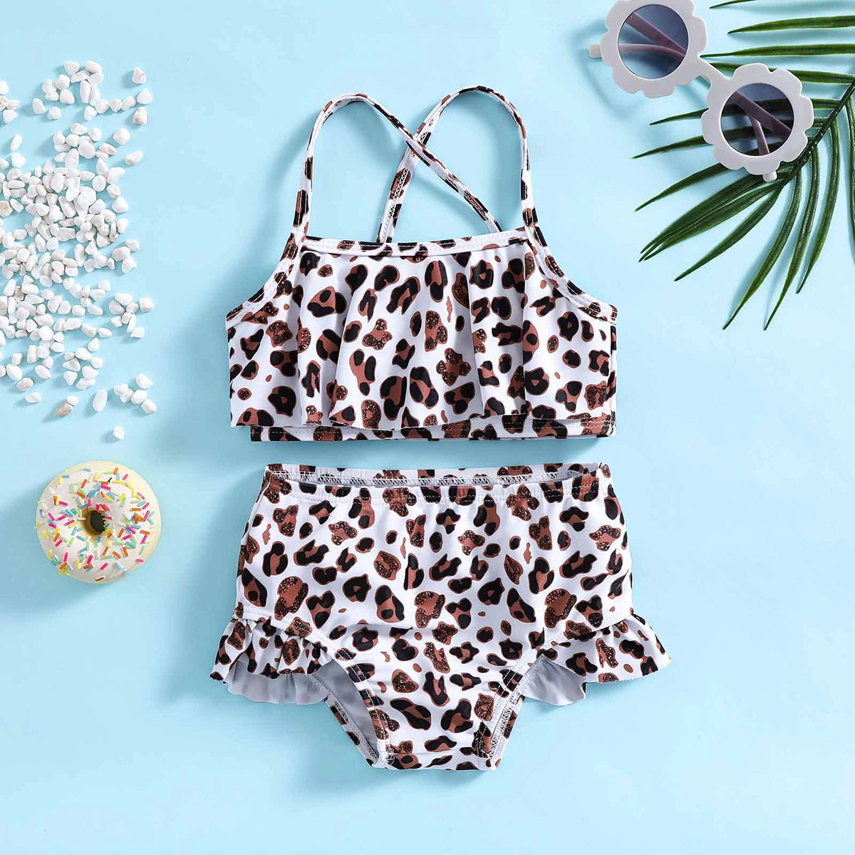Girls White Leopard Print Top With Briefs Swimwear Sets Sets White 1-2 Y