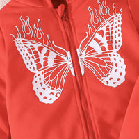 Girls Red Butterfly Foil Print Hooded Zipper with Joggers Set Sets