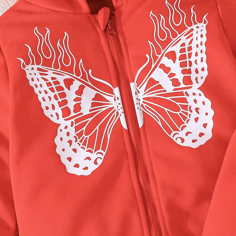 Girls Red Butterfly Foil Print Hooded Zipper with Joggers Set Sets