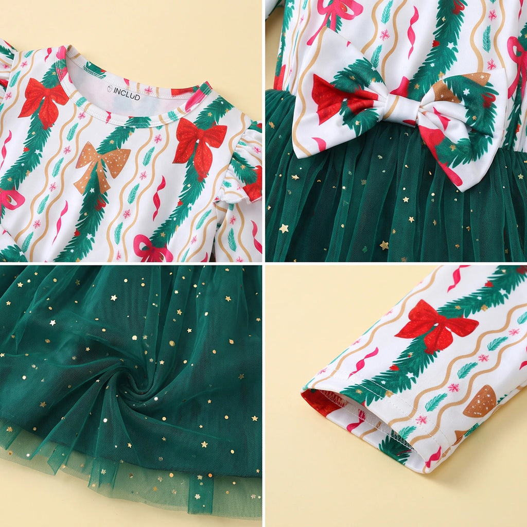 Girls Green Christmas Theme Printed Fit & Flare Dress Casual Dresses