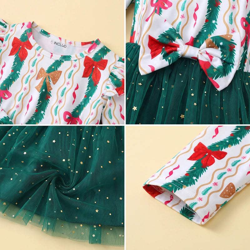 Girls Green Christmas Theme Printed Fit & Flare Dress Casual Dresses