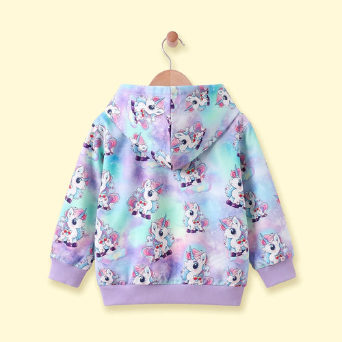 Girls Multicolour Unicorn Print Long Sleeve Hooded Jacket Coats & Jackets