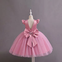 Girls Pink Pearl-Embellished Flutter Sleeve Party Wear Dress Party Dresses