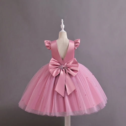 Girls Pink Pearl-Embellished Flutter Sleeve Party Wear Dress Party Dresses