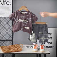 Boys Dark Brown Typographic Print Short Sleeves T-Shirt With Denim Shorts Set Sets Dark Brown 1-2 Y