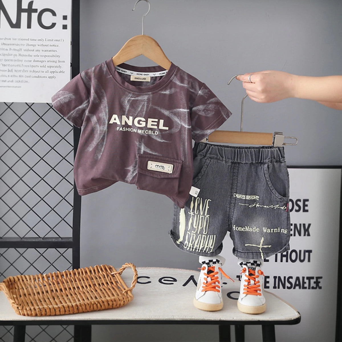 Boys Dark Brown Typographic Print Short Sleeves T-Shirt With Denim Shorts Set Sets Dark Brown 1-2 Y