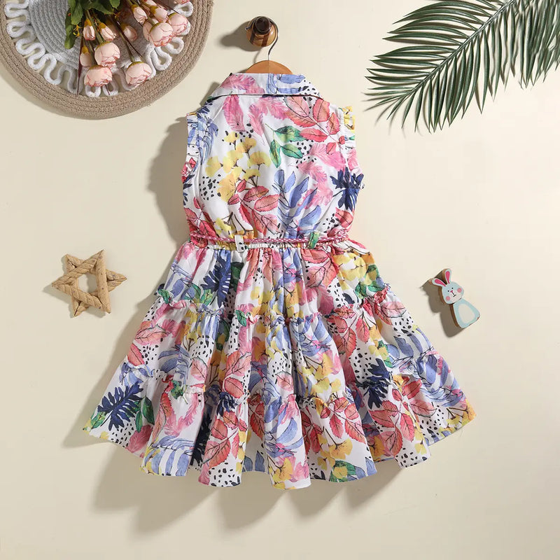 Girls Pink Floral Printed Sleeveless Shirt Dress Casual Dresses