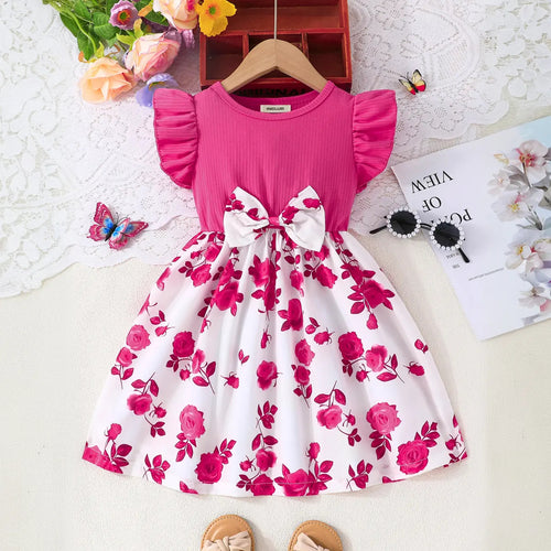 Girls Magenta Floral Printed Fit & Flare Dress With Flutter Sleeves Casual Dresses Magenta 2-3 Y