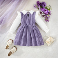 Girls Purple Self-Design Striped Long Sleeves Fit & Flare Dress With Bow Casual Dresses