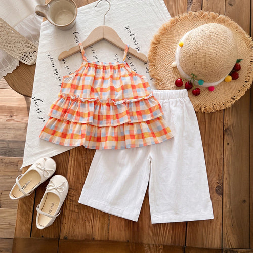 Girls Multicolour Checked Sleeveless Peplum Top With Crop Pants Sets 2 pc. Sets Multicolor 1-2 Y