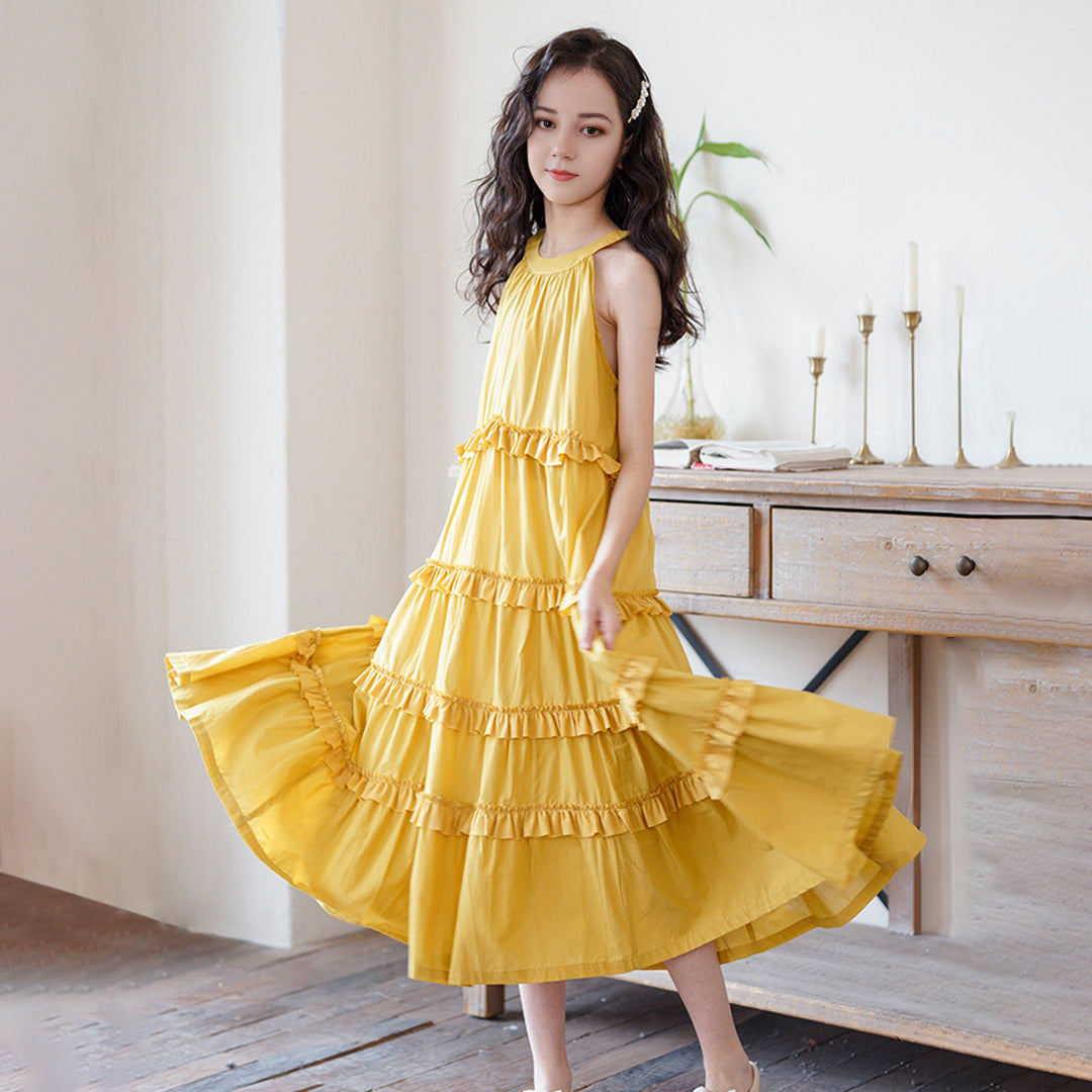 Girls Halter Neck Sleeveless Tiered Dress Casual Dresses   