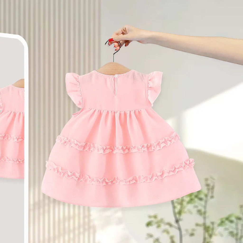 Girls Light Pink Mushroom Applique Round Neck Tiered Dress Casual Dresses