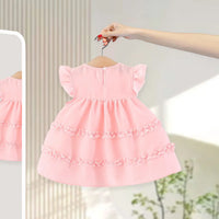 Girls Light Pink Mushroom Applique Round Neck Tiered Dress Casual Dresses