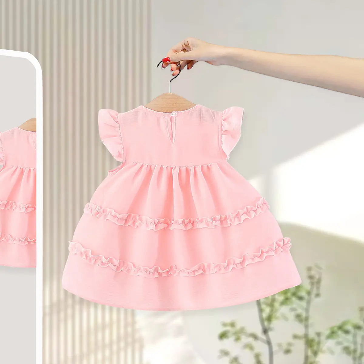 Girls Light Pink Mushroom Applique Round Neck Tiered Dress Casual Dresses