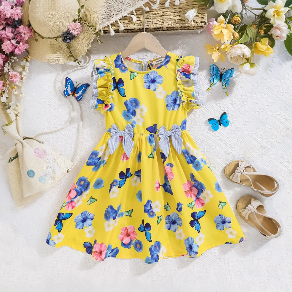 Girls Yellow Floral Fit & Flare Dress With Flutter Sleeves Casual Dresses Yellow 3-4 Y