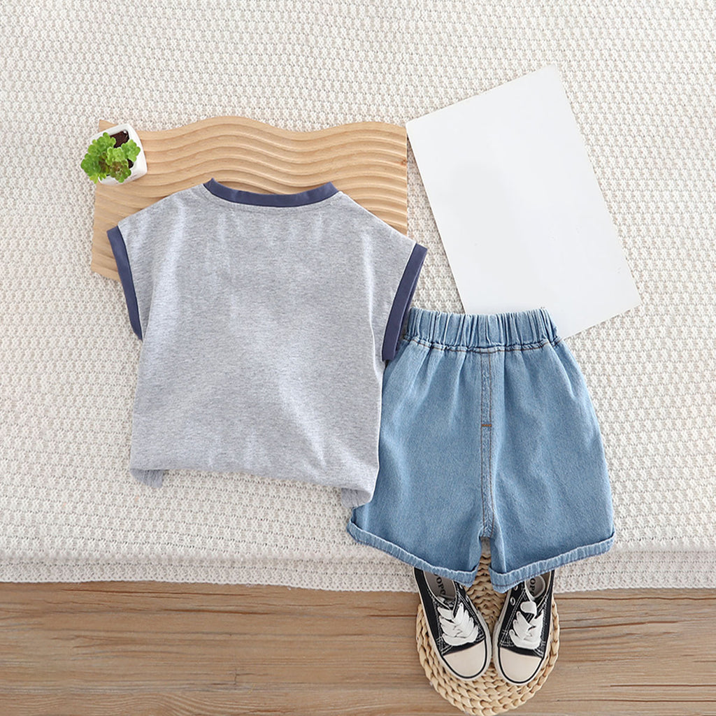 Boys Grey Printed Extended Sleeves T-Shirt With Denim Shorts Set 2 pc. Sets