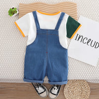 Boys White Short Sleeves Round Neck T-Shirt With Denim Dungaree Set 2 pc. Sets