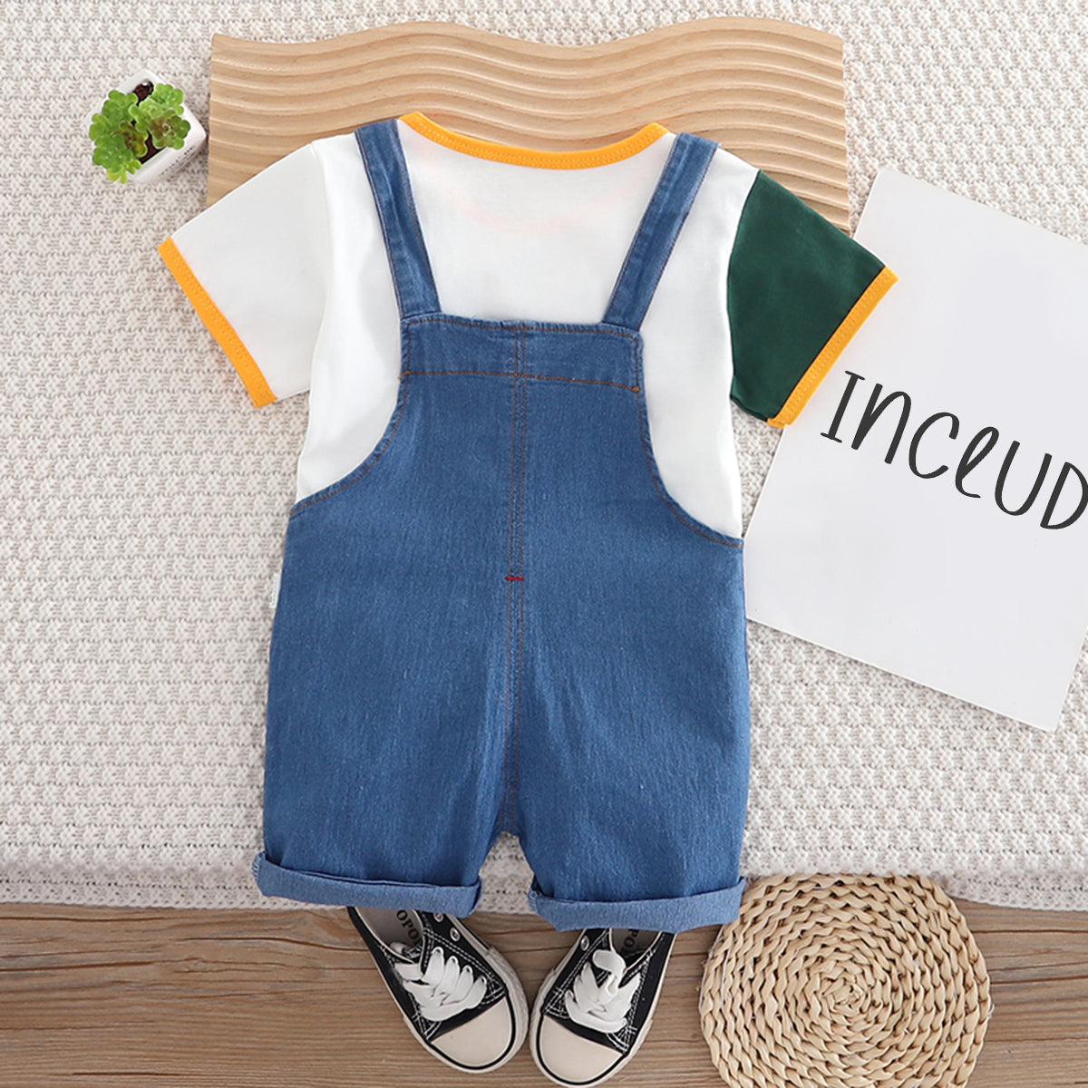 Boys White Short Sleeves Round Neck T-Shirt With Denim Dungaree Set 2 pc. Sets