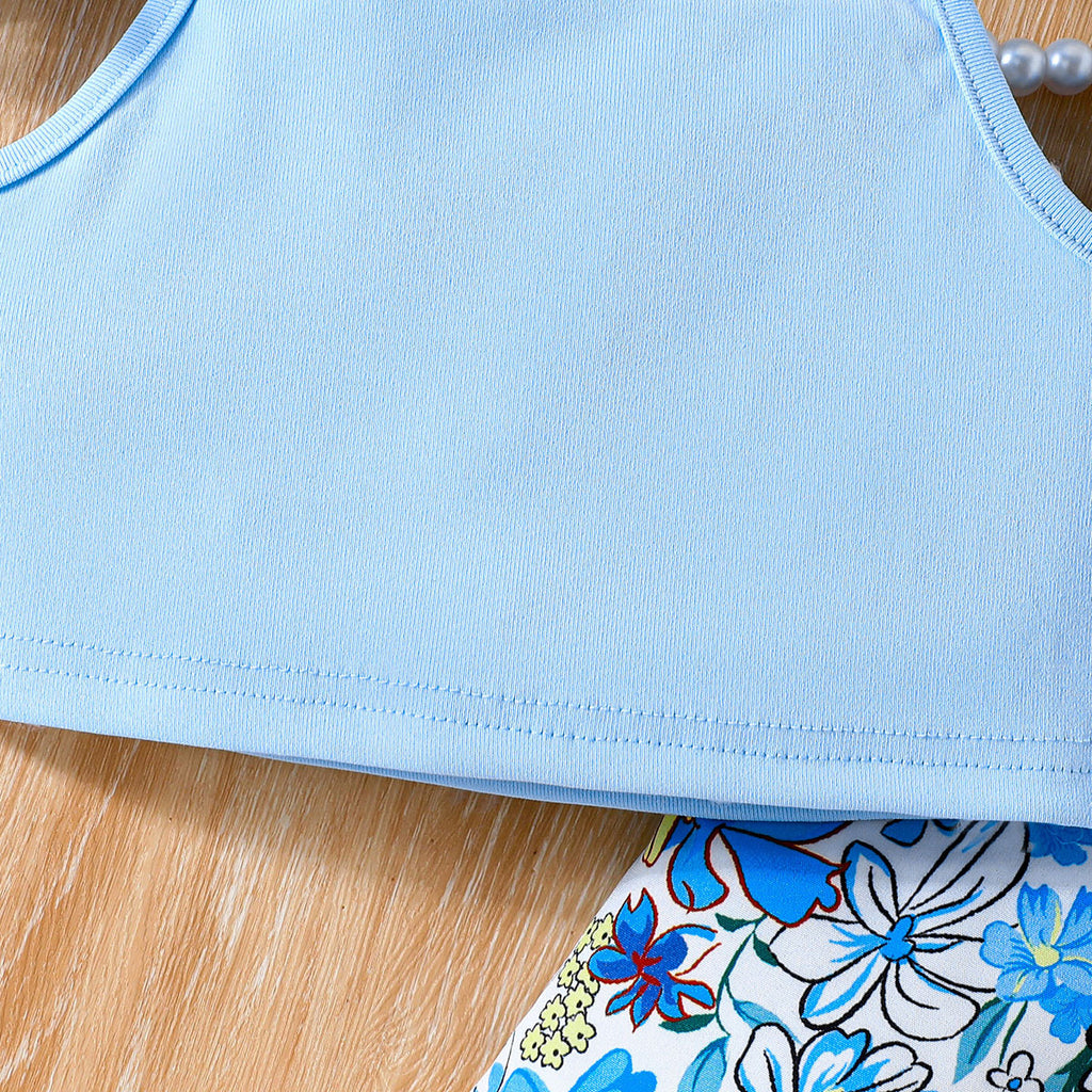 Girls Sky Blue Butterfly Printed Waistcoat Top & Hat With Crop Top & Shorts Summer Set Sets