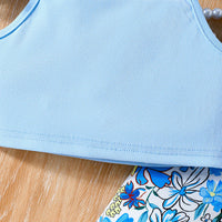 Girls Sky Blue Butterfly Printed Waistcoat Top & Hat With Crop Top & Shorts Summer Set Sets