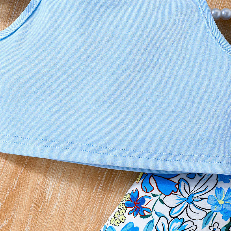 Girls Sky Blue Butterfly Printed Waistcoat Top & Hat With Crop Top & Shorts Summer Set Sets