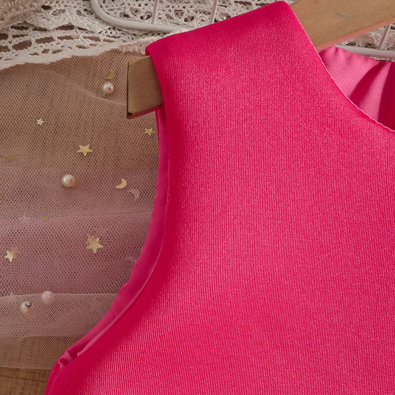 Girls Fuchsia Sleeveless A-line Party Wear Dress With Floral Applique Party Dresses