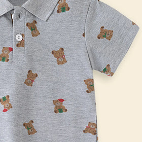 Boys Grey Teddy Bear Printed Short Sleeve Polo T-Shirt Tshirts