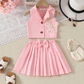 Girls Peach Flower Applique Sleeveless Top With Pleated Skirt Sets Sets Peach 3-4 Y