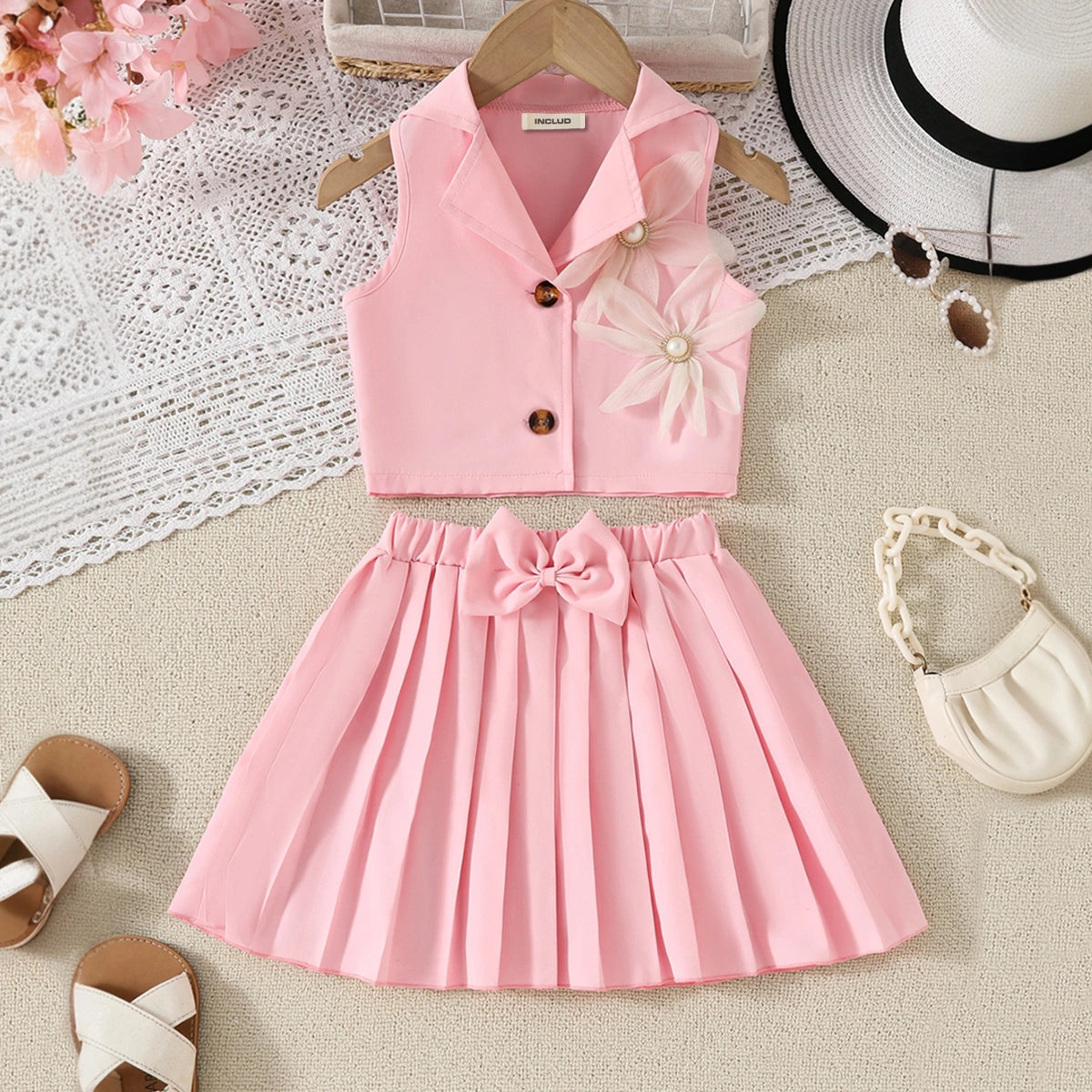 Girls Peach Flower Applique Sleeveless Top With Pleated Skirt Sets Sets Peach 3-4 Y