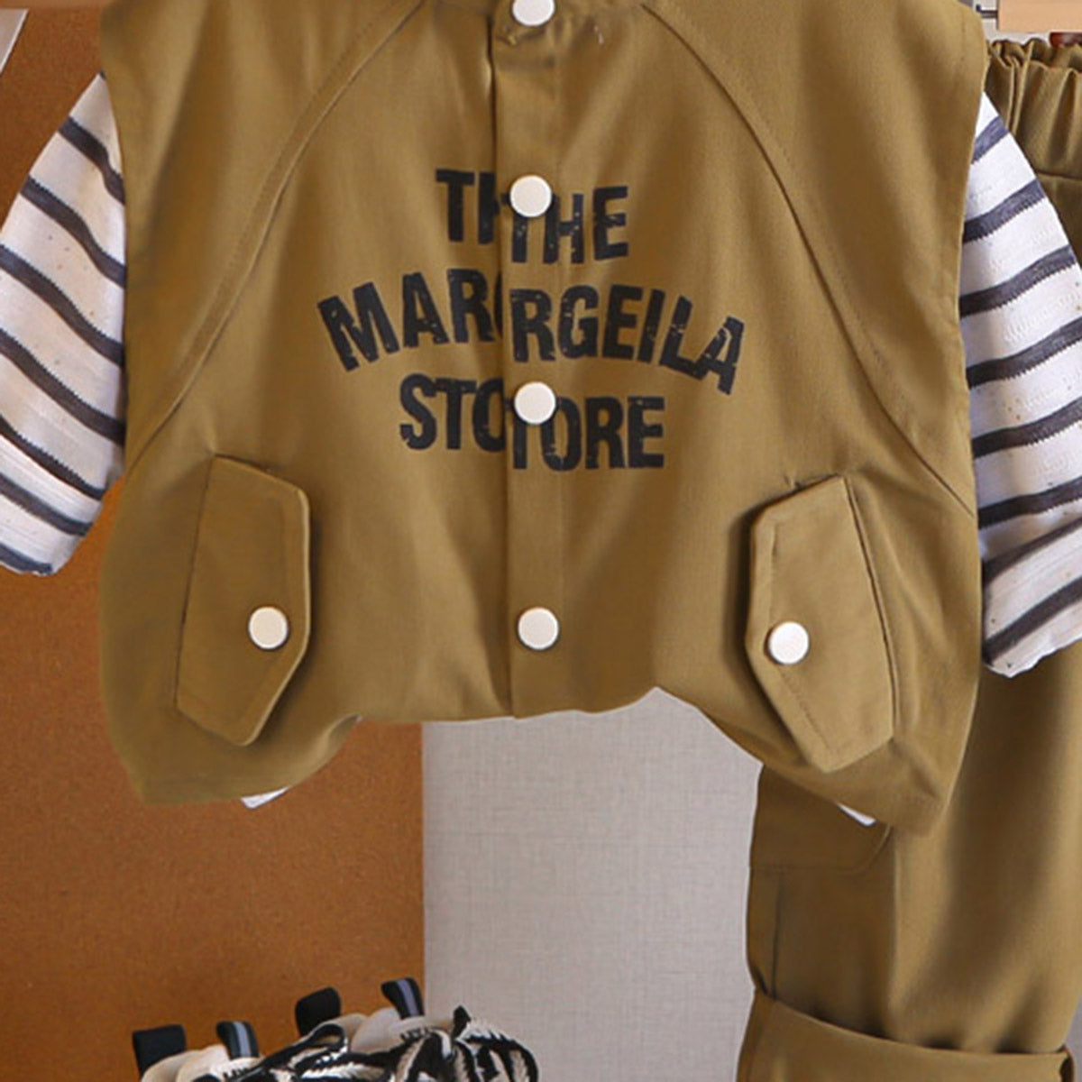 Boys Brown Typographic Printed Sleeveless Jacket With Striped T-Shirt & Pants Set Sets