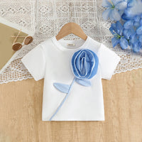 Girls 3D Rose Applique T-Shirt With Sky Blue Skort Sets Sets