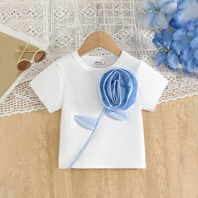 Girls 3D Rose Applique T-Shirt With Sky Blue Skort Sets Sets
