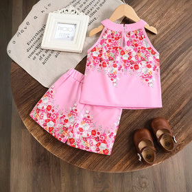 Girls Pink Floral Print Sleeveless Top With Shorts Sets 2 pc. Sets