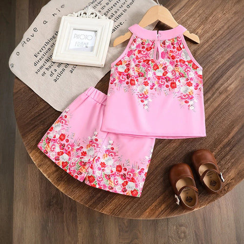 Girls Pink Floral Print Sleeveless Top With Shorts Sets 2 pc. Sets