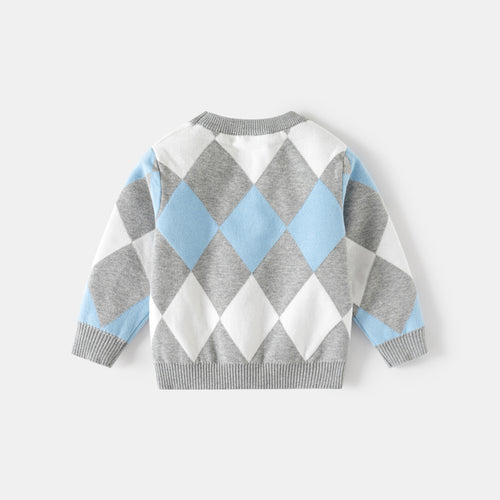 Boys Multicolor Regular Sweater With Self-Design Diamond Patterns Sweaters & Cardigans